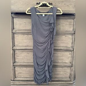 H&M Draped Metallic Gray Dress EUC Bodycon Ruched Asymmetrical Silver Ruffle Sh…